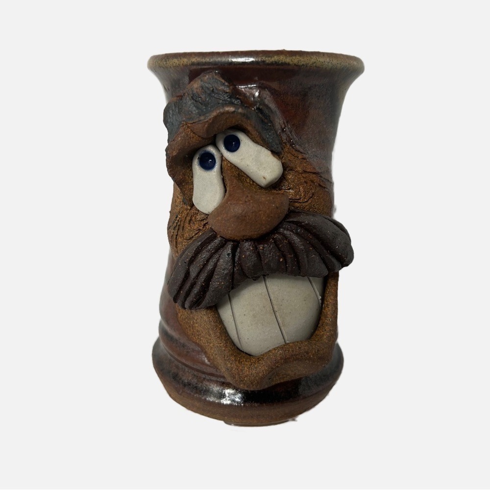 Art Studio Pottery Ugly Funny Mug 3D Mustache Face Man Earthtones Holds 14oz